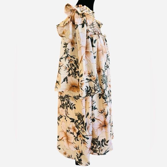 Happy x Nature Boho Dress Size Large Neutral Floral Smocked Bust Ruffle Flutter - Picture 4 of 8
